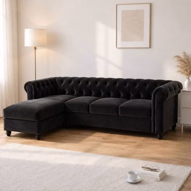 Sofaya Hampton 4 Seater L Shape Chesterfield Sofa in Black Velvet with Left Hand Chaise – 1