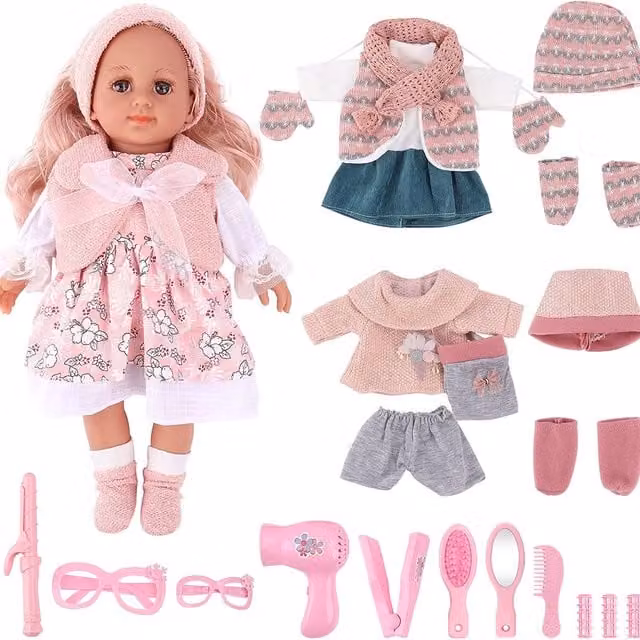 DeAO Toys Pink Baby Girl Doll Set with Clothes and Accessories