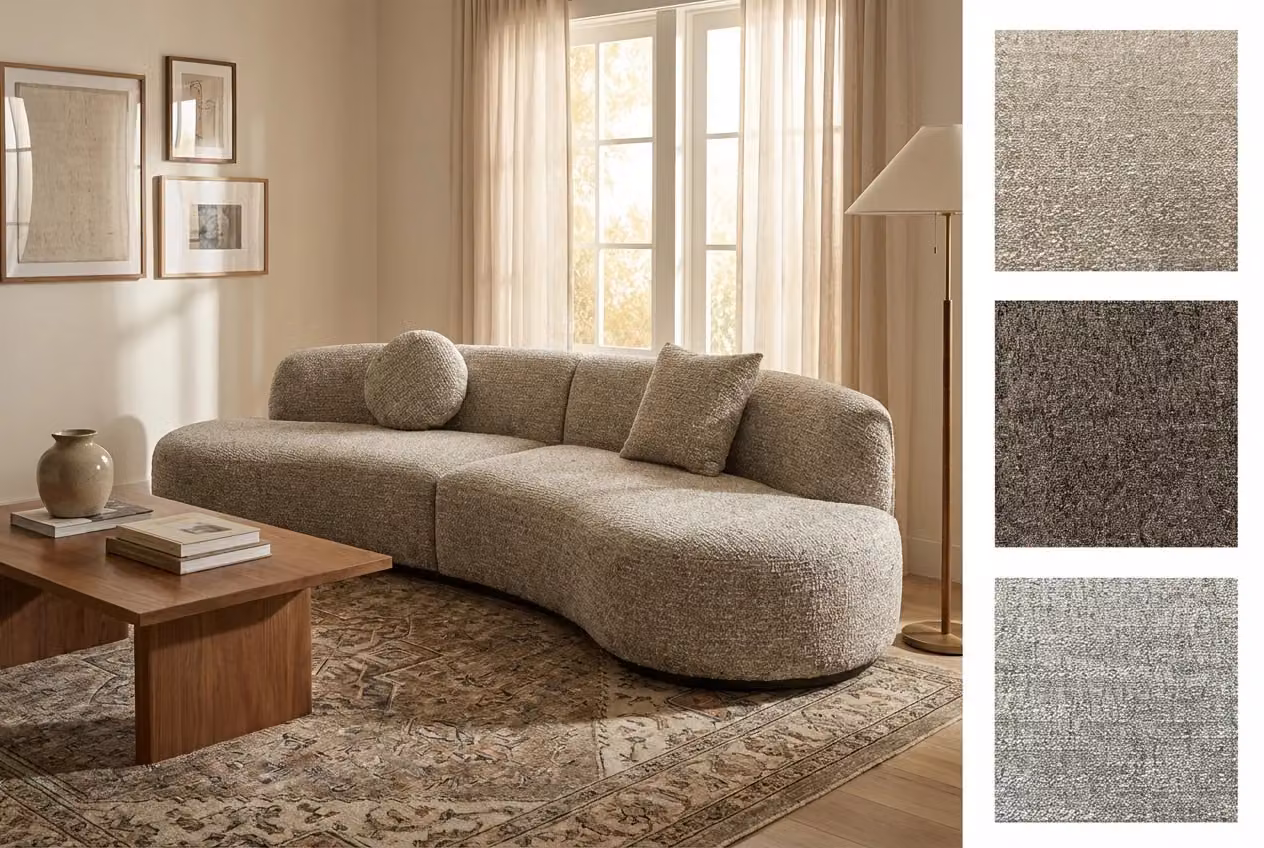 Araco Atelier Coco 4 Seater Upholstered Bouclé Sofa in Beige and Grey