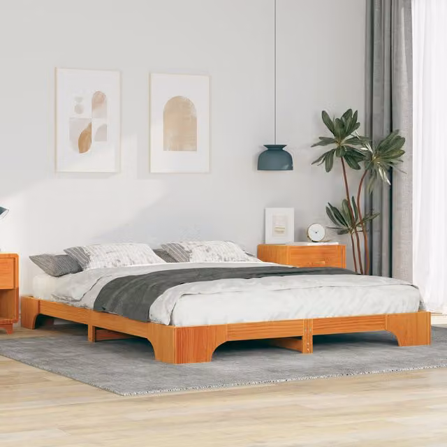 Berkfield Home Floor Bed Frame with Lift Up Storage in Brown Solid Pine Wood W: 160 cm, D: 220 cm