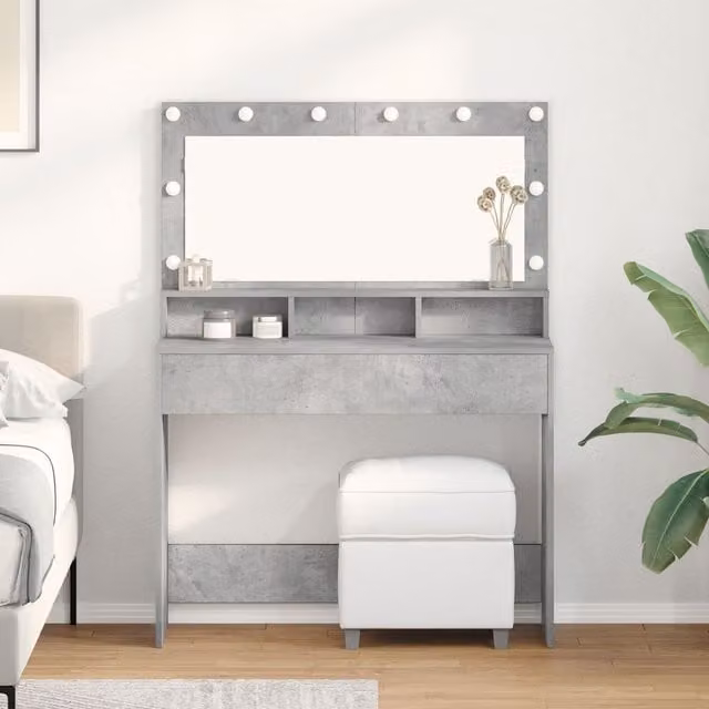 Berkfield Home Modern Concrete Grey Dressing Table with Hollywood LED Lights, W/D/H: 100 x 41 x 135 cm