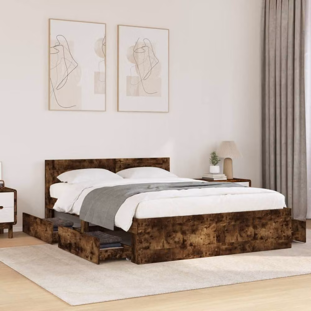 Berkfield Home Small Double Bed Frame with Headboard and Drawers in Smoked Oak Brown, W/D/H: 120 x 190 x 69 cm – 2