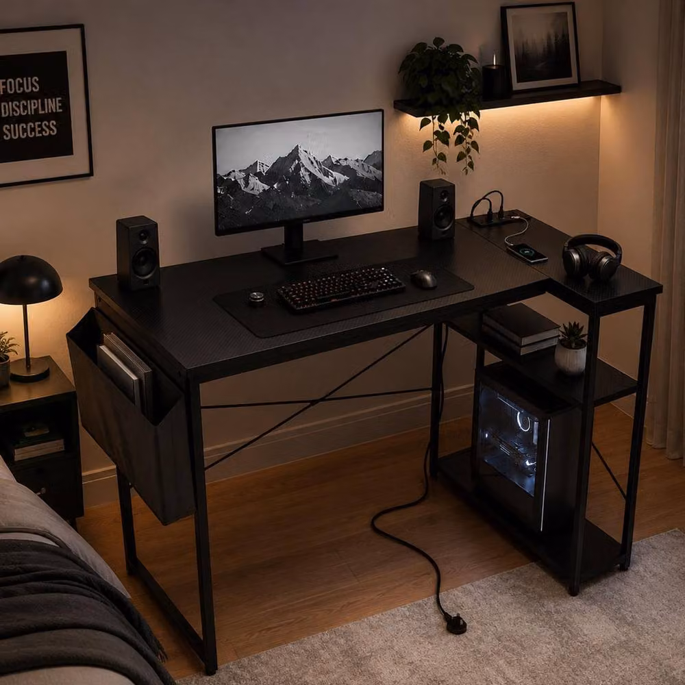 House of Home Reversible L-Shaped Carbon Fibre Gaming Desk with Built-In Sockets, Black, W: 100 cm, H: 75 cm – 5
