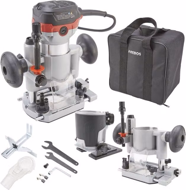 AREBOS Benchtop Wood Router Milling Machine with Plunge Base, Trimmer and Tool Bag, Silver