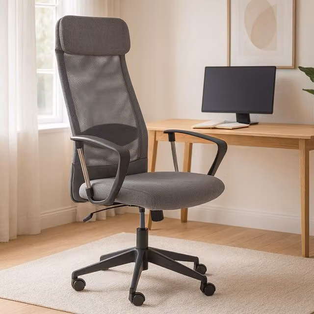 Interiors by Premier Brent Ergonomic High Back Home Office Chair with Headrest and Armrests in Grey, Black and Silver – 1