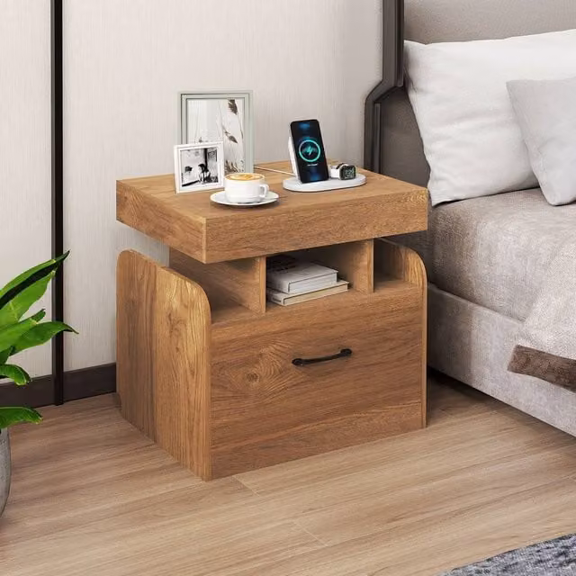 Costway Modern Wooden Nightstand with Drawer and Charging Outlets in Sand Brown – 1