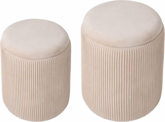 Livingandhome Set of 2 Modern Round Cylindrical Storage Ottoman Stools in Beige Striped Fabric
