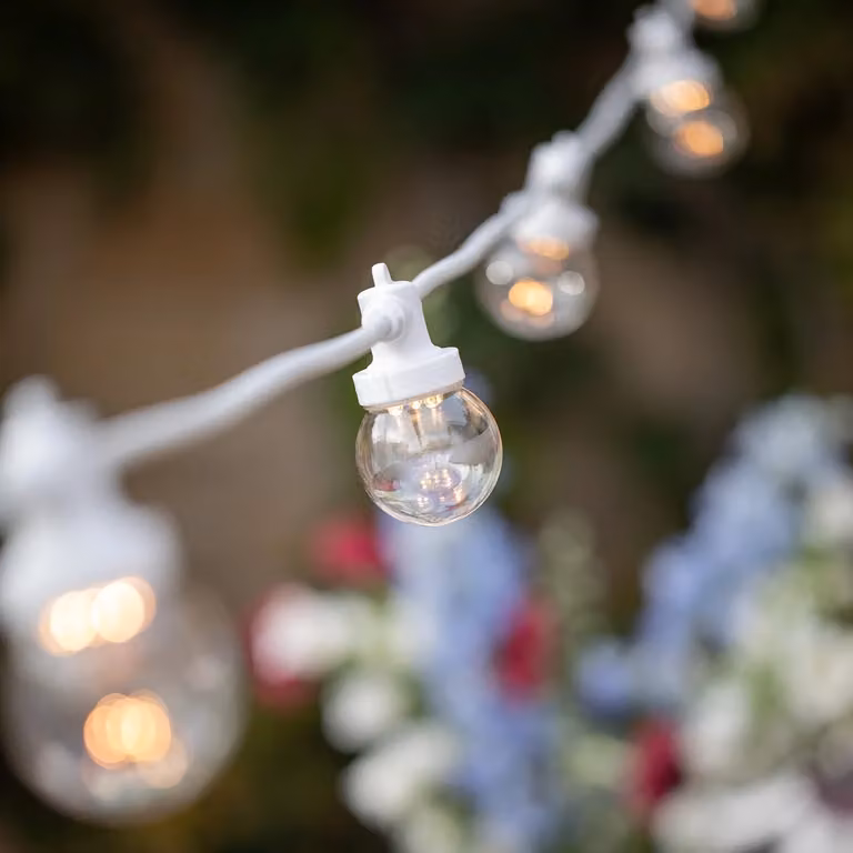 Lights4fun Pro Connect LED Festoon Lights, 110m, 220 Warm White Sphere Bulbs with Clear Glass Caps and White Cable, Connectable
