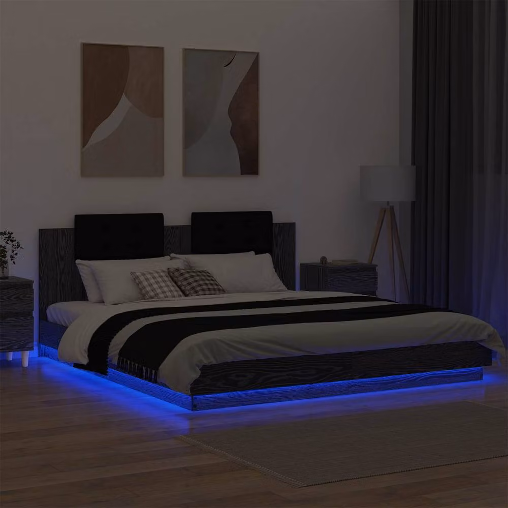 Berkfield Home Modern Black Oak Bed Frame with Headboard and Under-Bed Lighting, W/D/H: 180 x 200 cm, Engineered Wood – 3