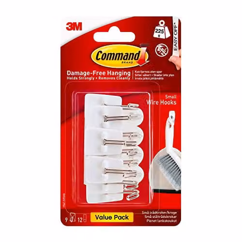 3M Command Small Wire Hooks in White, Value Pack of 9 Hooks and 12 Adhesive Strips – 1