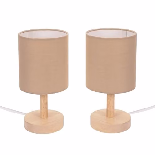 ValueLights Pair of 2 Scandinavian Style Wooden Base Table Lamps with Natural Cylinder Fabric Lampshades in Black and Beige