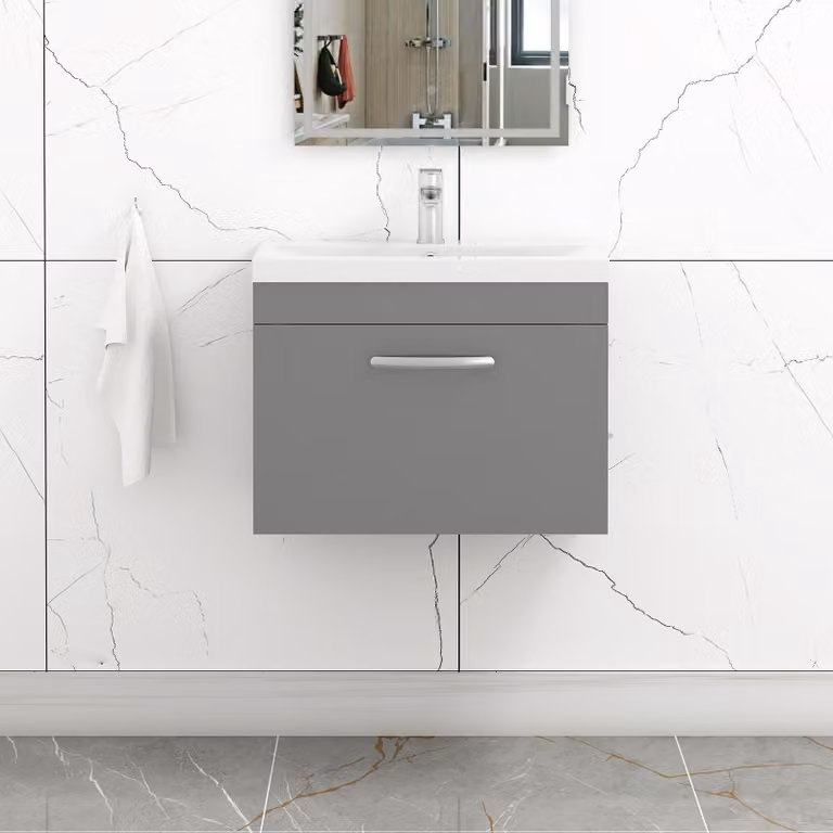 Royal Bathrooms Turin Wall Hung Vanity Unit with Mid-Edge Basin, Grey Gloss 1 Drawer