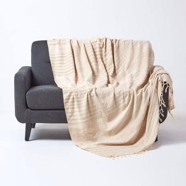Homescapes Woven Cotton Chenille Boho Throw in Beige, Rust, Green and Orange, 200 cm