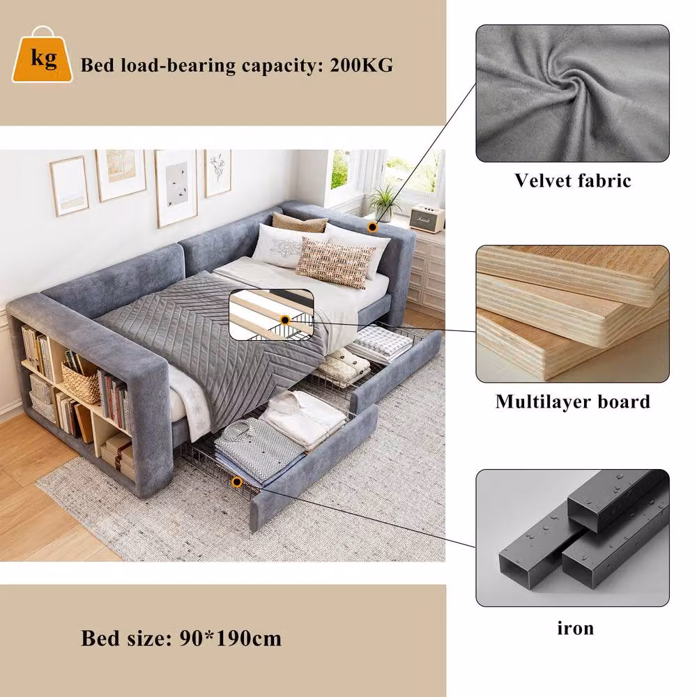 BTM Grey Velvet Upholstered Daybed with 2 Drawers, W/D/H: 190 x 90 x 74.5 cm – 3