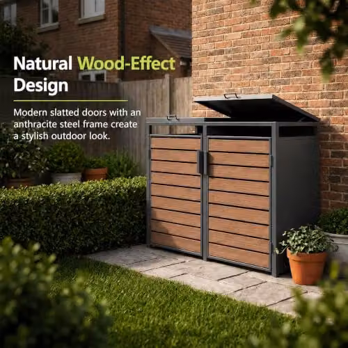 Nicoman Double Bin Store Metal Garden Shed with Wood-Effect Slatted Doors in Anthracite Grey – 3