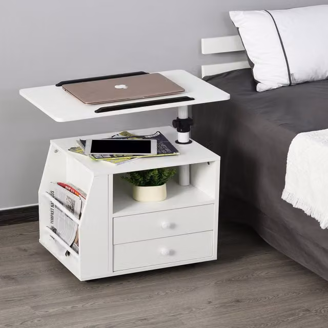 HOMCOM Modern White Functional Swivel Bedside Table with Rotating Top and Castors