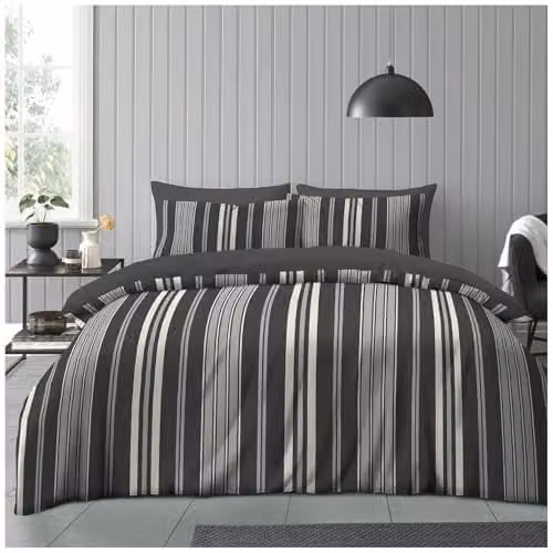 GAVENO CAVAILIA Junie King Size Striped Duvet Cover Set with Pillowcases, Grey and Multicolour Reversible Polyester and Cotton Bedding Set, W/D/H: 180 x 200 cm – 1
