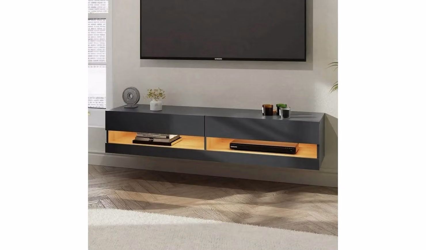 Cheap Furniture Warehouse GFW Leon LED Wall Mounted TV Unit in Anthracite, W: 180 cm, H: 38 cm, D: 30 cm