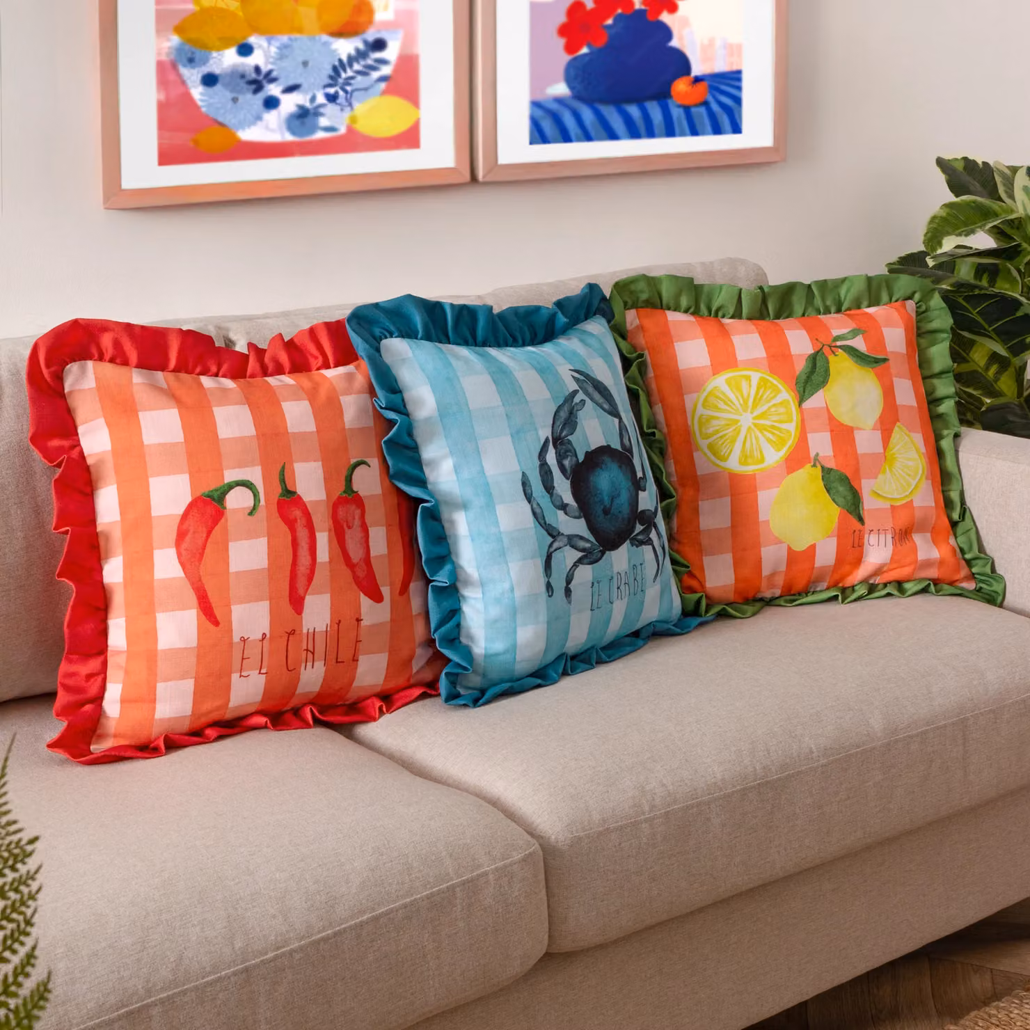 Riva Home Blue Checked Gingham Crab Printed Ruffle Cushion, W/D/H: 43 x 43 x 43 cm – 6