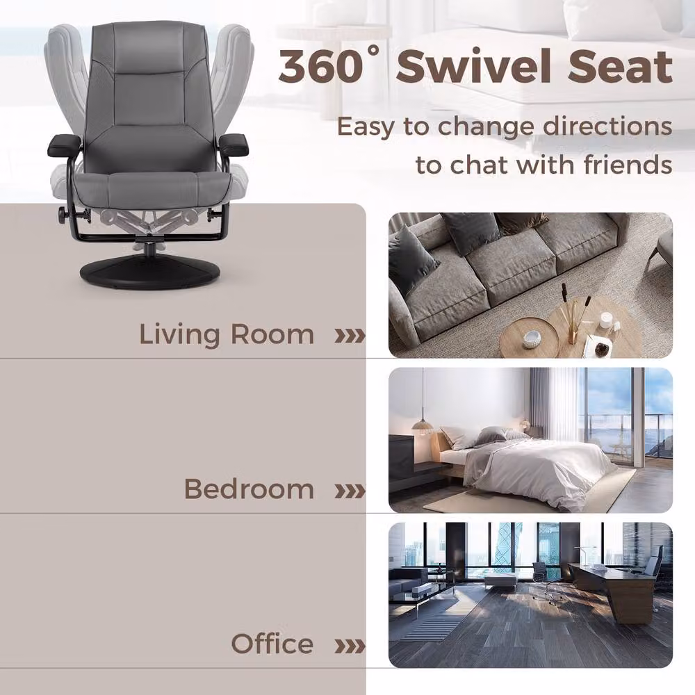 Costway Grey 360 Swivel Reclining Chair with Adjustable Backrest and Ottoman – 7