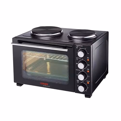 Cooks Professional 28L Mini Portable Oven with Two Cast Iron Hobs, Grill and Convection Functions, Black and Silver – 1