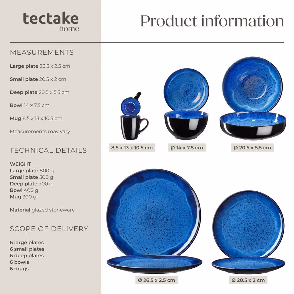 tectake Mare Glazed Stoneware Dinner Set for 6 People, Blue – 5