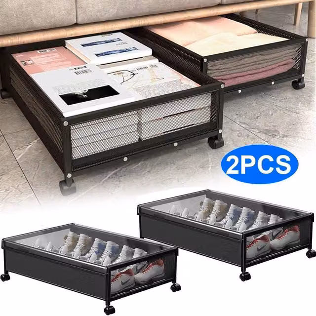 KORVIXA 2-Piece Black Metal Underbed Storage Organisers on Wheels