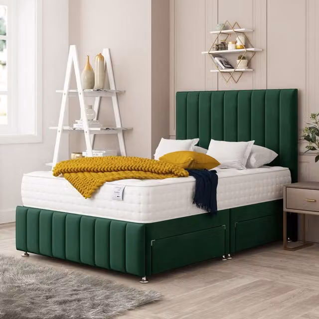 Bed Choices Moscow Double Bed Set in Emerald Green Velvet with Mattress and Headboard, W/D/H: 140 x 200 cm