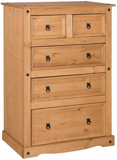 Mercers Furniture Corona Compact 2 Plus 3 Chest of Drawers, 5 Drawer Solid Mexican Pine in Antique Wax Brown, W/D/H: 113 x 82 x 40 cm