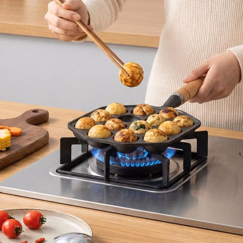 NESTLUNE Non Stick Cast Iron Takoyaki Grill Pan with 14 Holes and Removable Handle, Grey, W: 100 cm, D: 15 cm – 4
