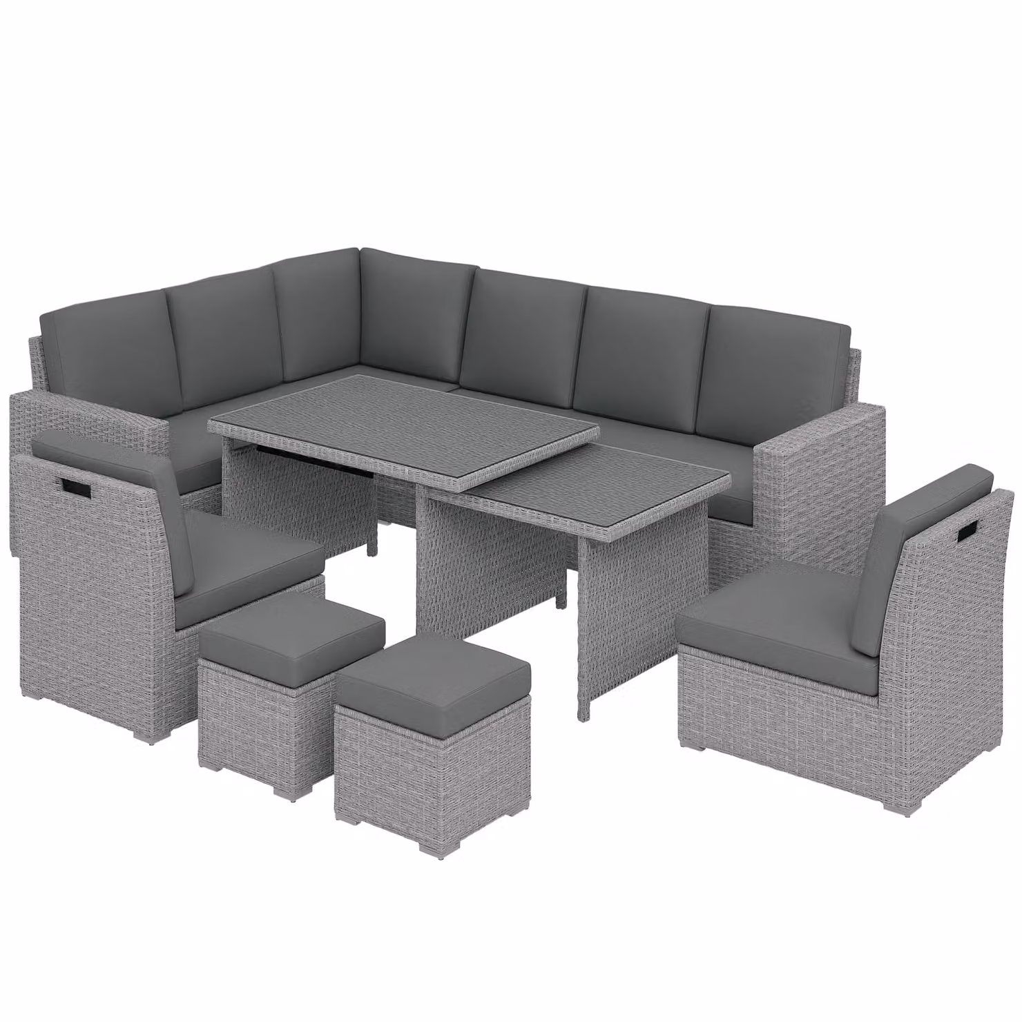 OUTSUNNY 10-Seater Sectional Garden Sofa Set with Cushioned Seats, Footstools and Glass Table in Light Grey – 2