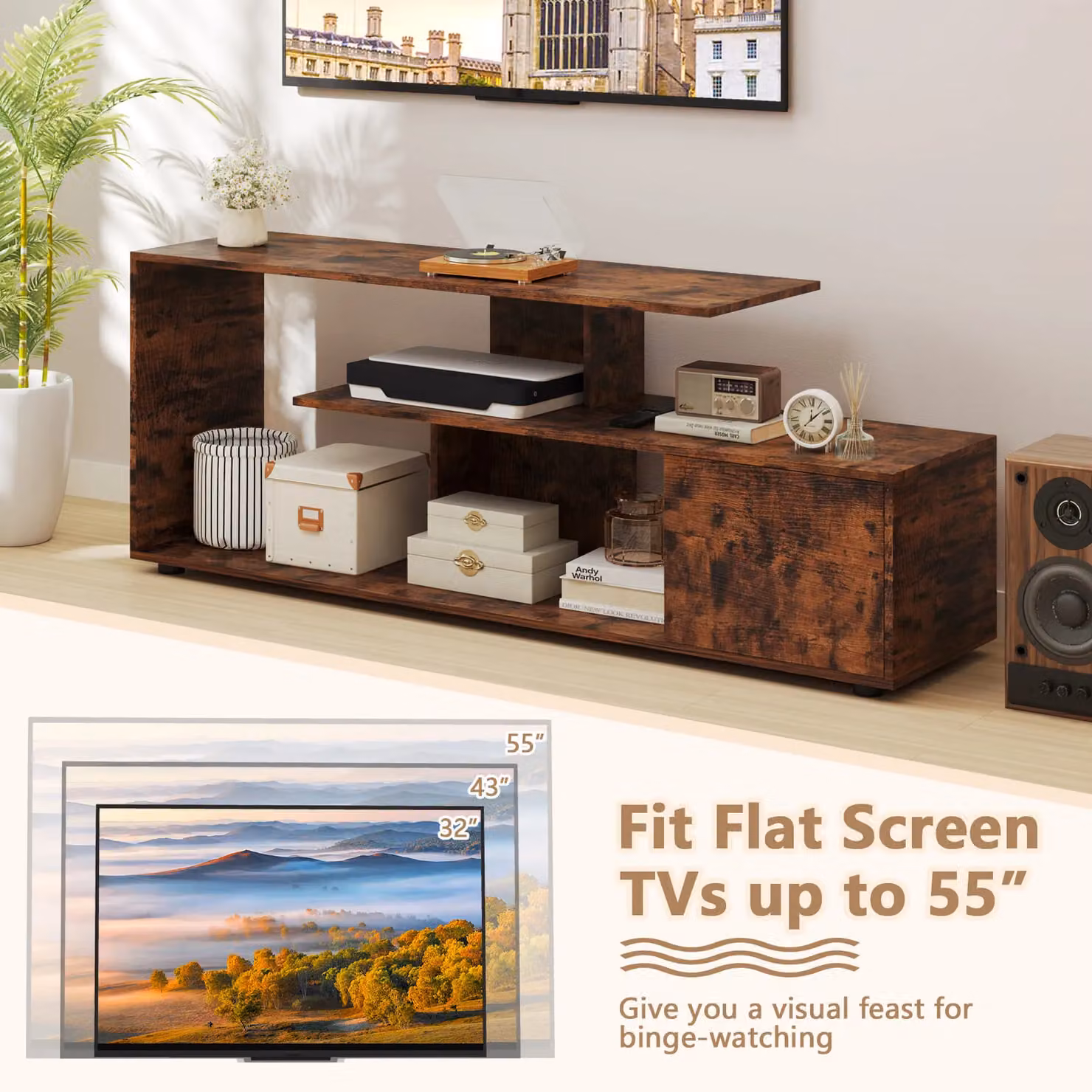 Costway 3-Tier Media Console TV Stand for TVs up to 55 inch, Brown – 5