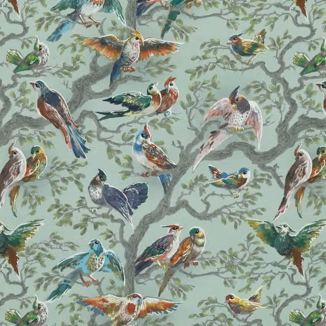 HOUSE Llewelyn-Bowen Birdity Absurdity Printed Cotton Fabric in Emerald Green and Multicolour