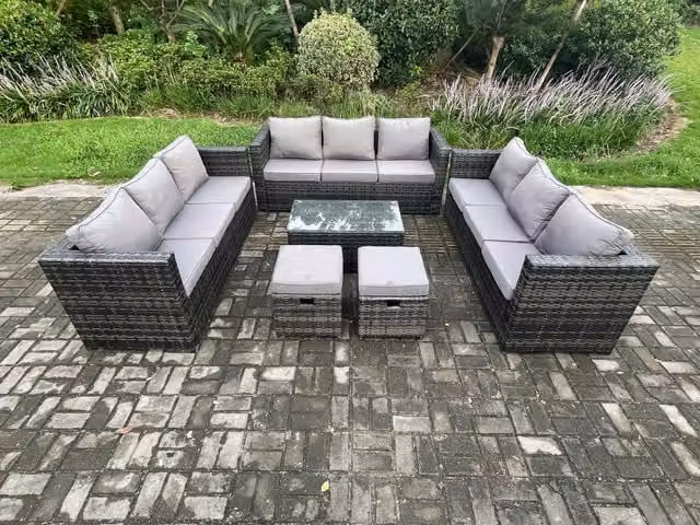 Fimous Outdoor Lounge Sofa Set in Dark Grey, featuring a 3-Seater Rattan Sofa, Coffee Table and 2 Matching Ottomans