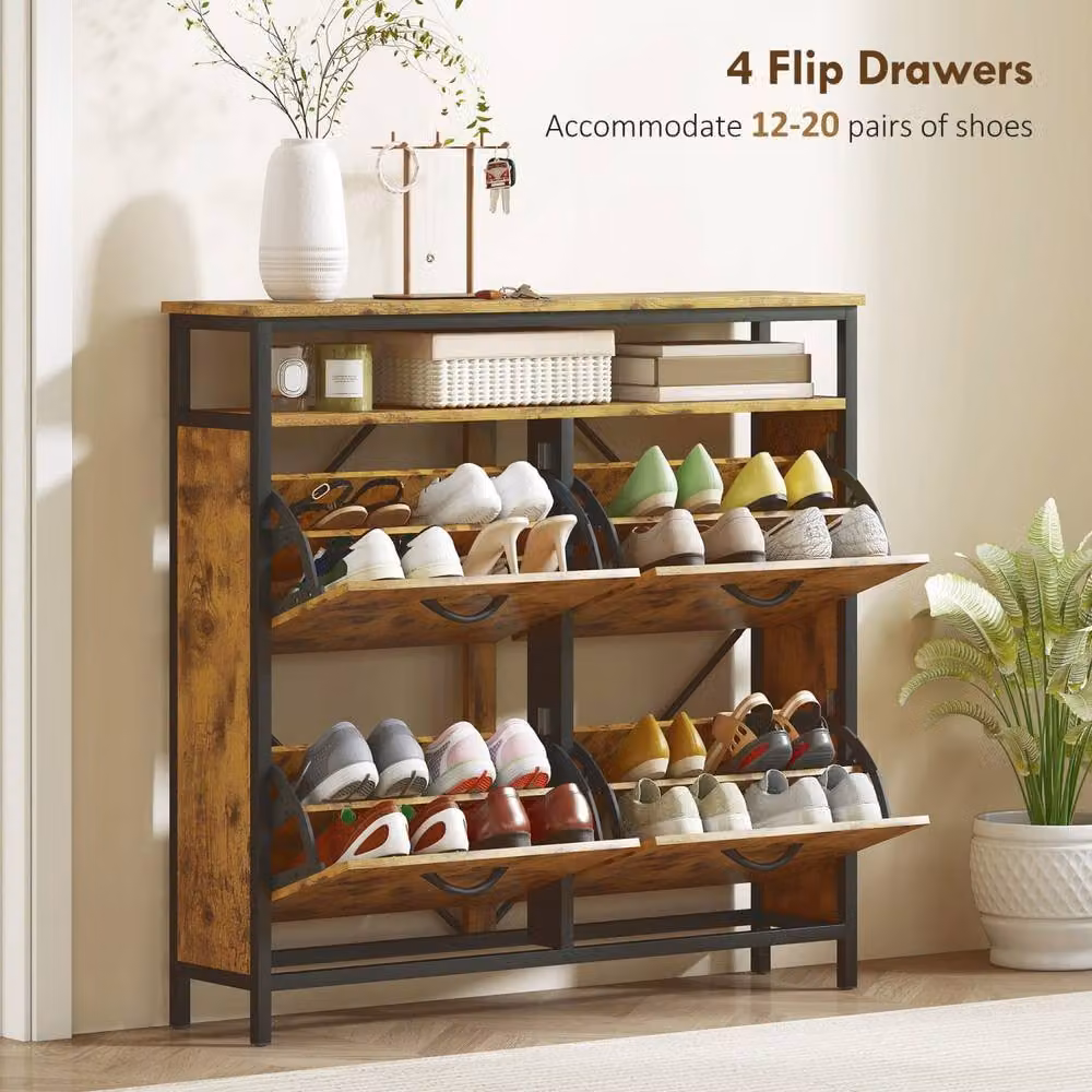 Wyld Haus Vebael Industrial Shoe Cabinet in Brown and Black with 4 Tilting Compartments and Top Shelf – 3