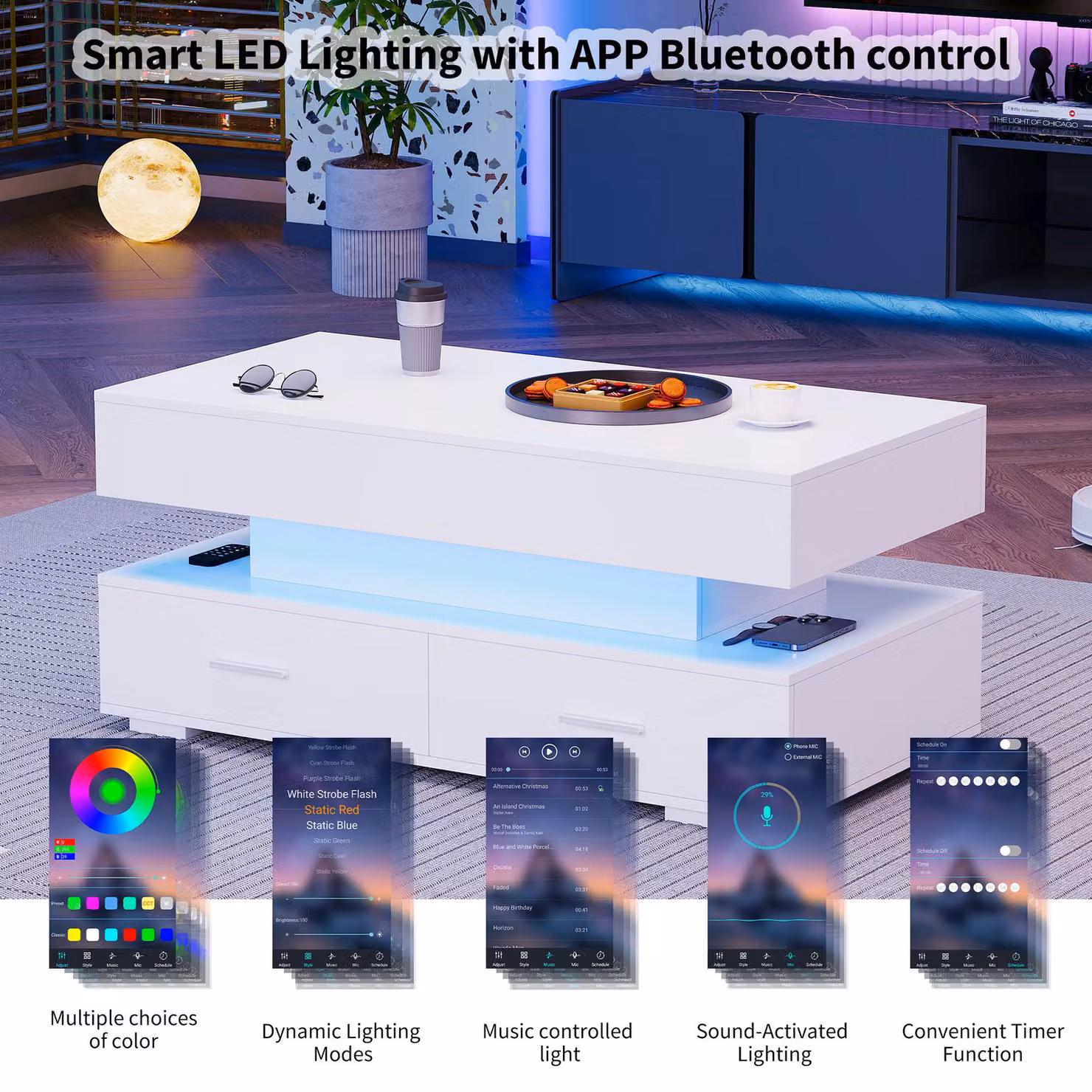 Aosom.UK White Hydraulic Lift Top Coffee Table with LED Lighting and 2 Drawers, W: 100 cm, D: 50 cm, H: 44 cm – 3