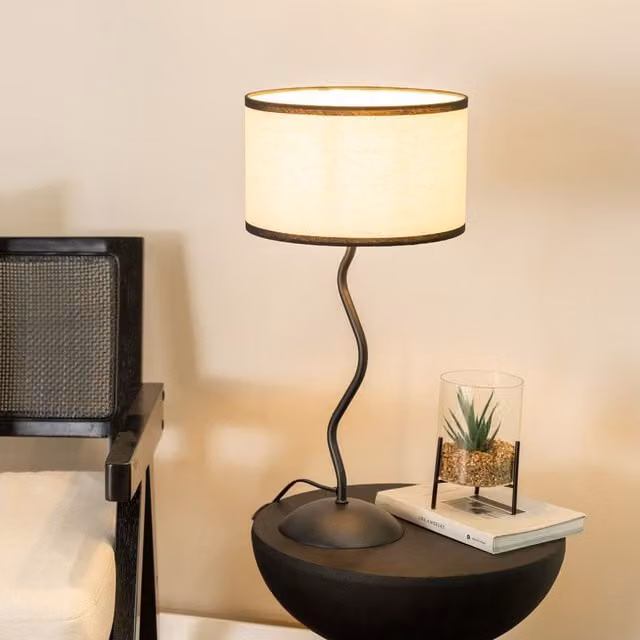 ValueLights Wiggle Black Metal Single Stem Table Lamp with Black Linen Drum Shade