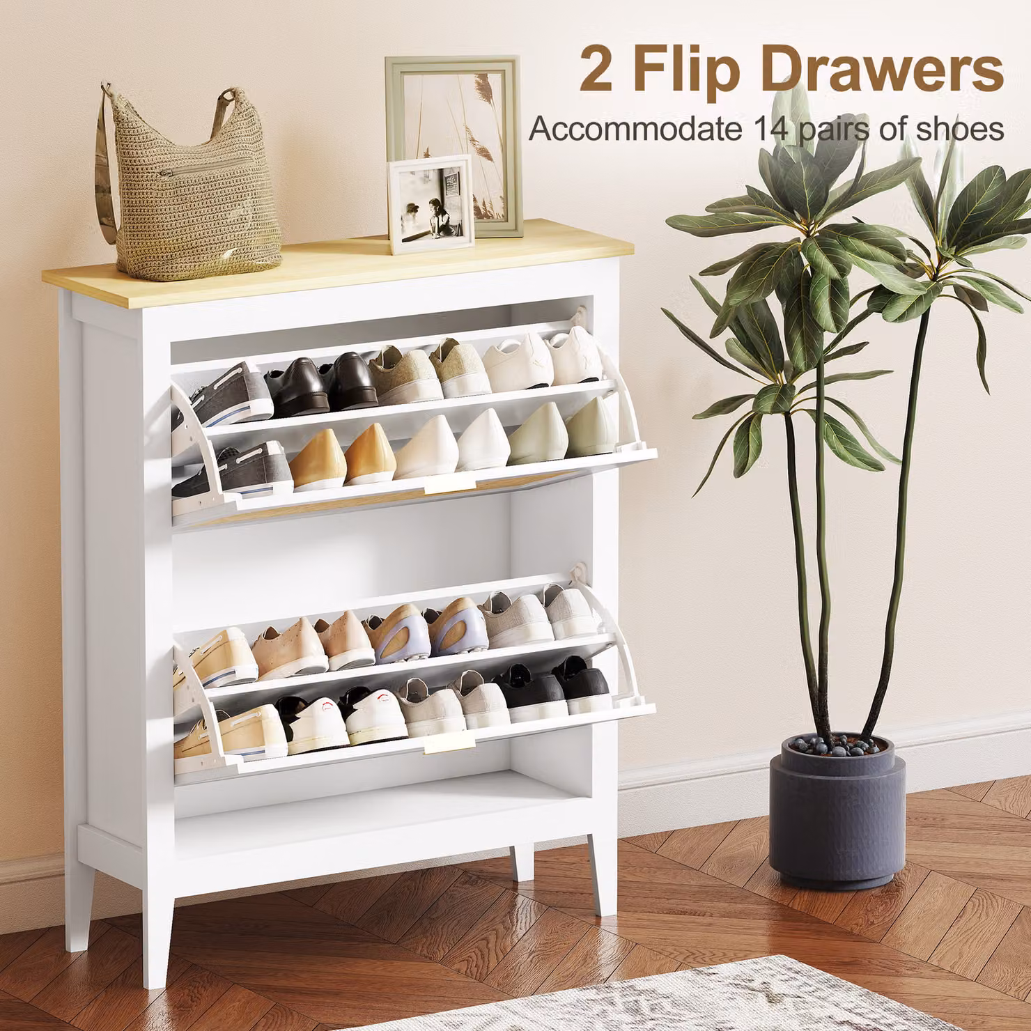 HOMCOM Boho Slim White Shoe Cabinet with Rattan Tilting Compartments and 2 Flip Drawers, Holds 14 Pairs – 2