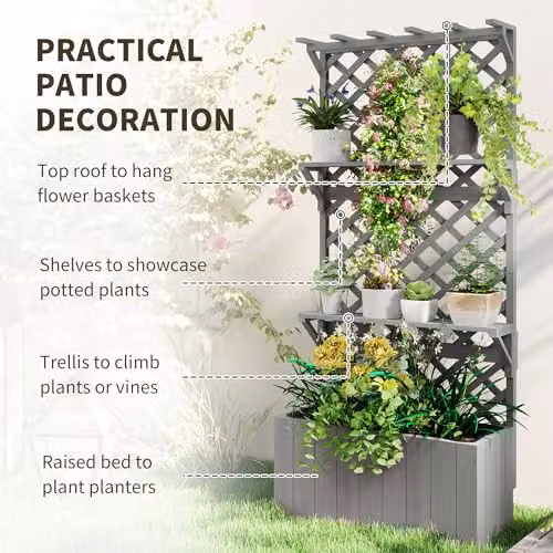 Outsunny Grey Wooden Raised Planter with Trellis and 2 Shelves – 3