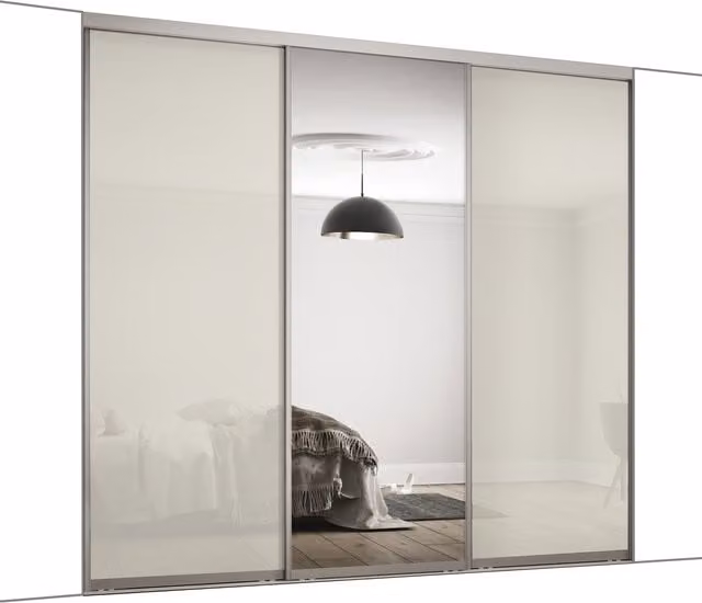 Spacepro Contour Sliding Wardrobe Door Kit with Silver Frame and Arctic White Glass and Mirror, 610mm