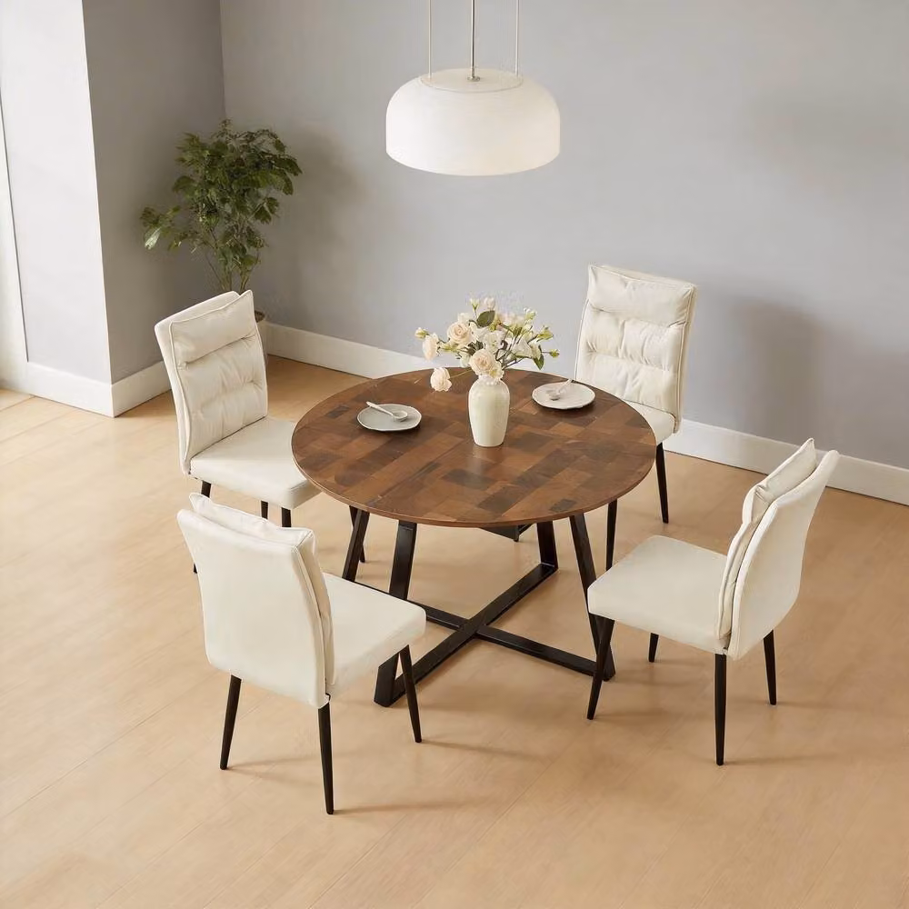 FURNITURE ONE 5-Piece Expandable Round Dining Set with 4 Upholstered Chairs in Light Beige – 4