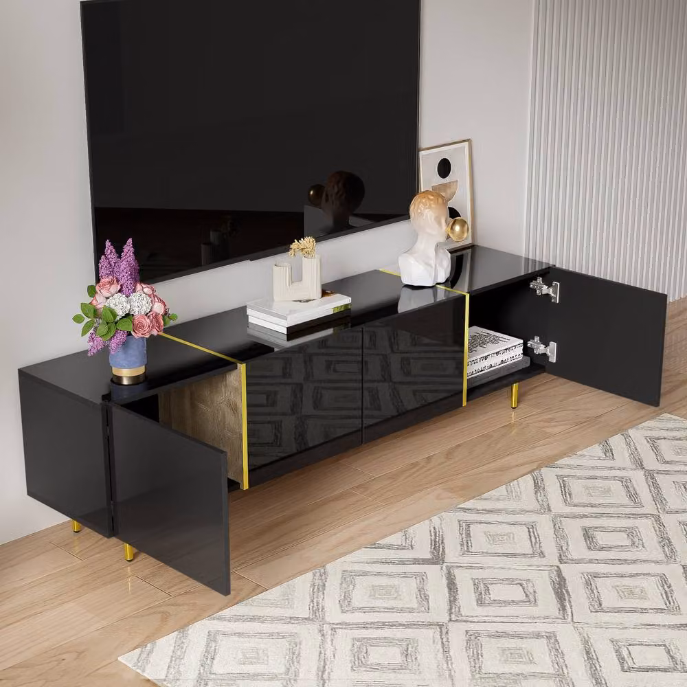 BTM Modern High Gloss Four Door TV Cabinet in Black and Gold – 3