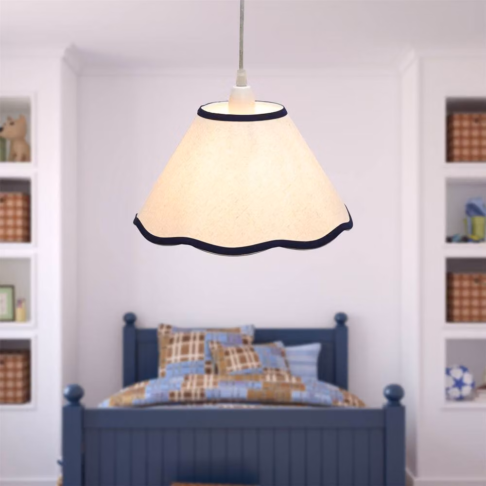 First Choice Lighting Set of 2 Libby Natural Linen Pendant Lamp Shades with Navy Blue Trim, White, Diameter: 27 cm – 2