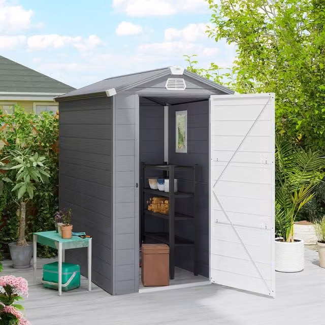 OUTSUNNY Grey Garden Shed Storage with Foundation Kit, Single Door and Side Vents, W/D/H: 121.92 x 91.44 x 208.0 cm – 1