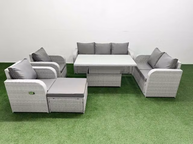 Fimous Grey PE Rattan Garden Furniture Set with Reclining 2 Seater Sofa, Double Love Seat and Coffee Table