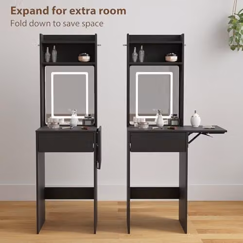 HOMCOM Modern Black Drop Leaf Dressing Table with Hollywood LED Mirror and Storage Shelves, W/D/H: 152 x 45 x 45 cm – 3