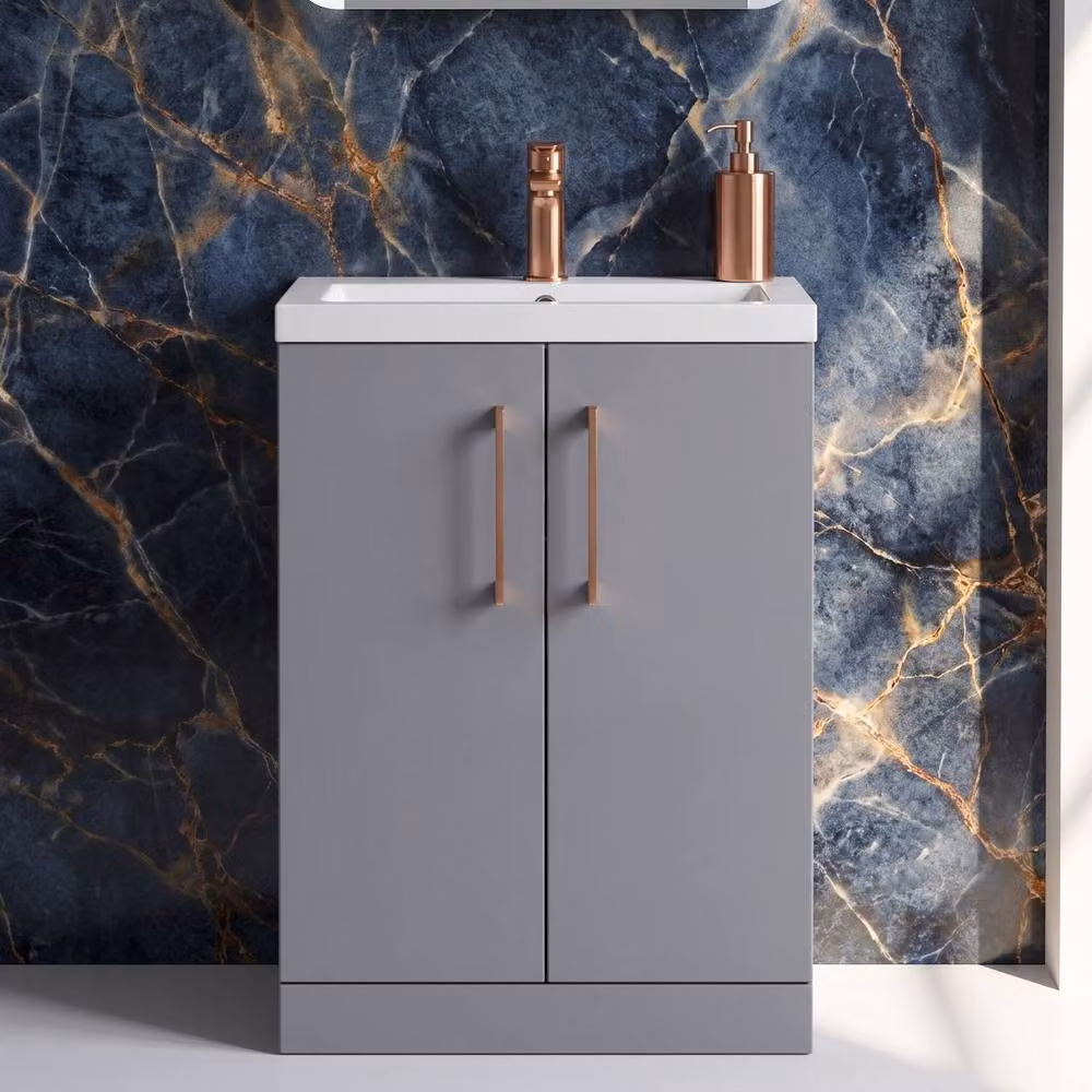 Balterley Modern Bathroom Vanity Basin Unit in Matt Satin Grey with Copper Handles, Width: 60 cm – 3