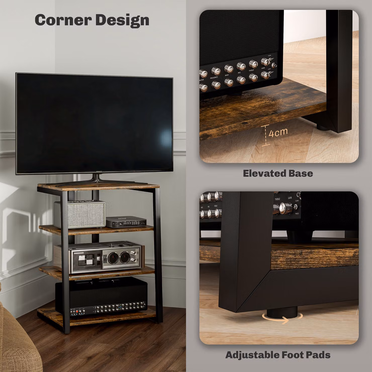 HOMCOM HiFi Stand with Four Adjustable Storage Shelves in Rustic Brown – 7
