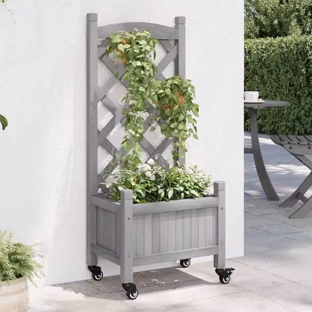 Berkfield Home Grey Solid Wood Fir Planter with Trellis and Wheels
