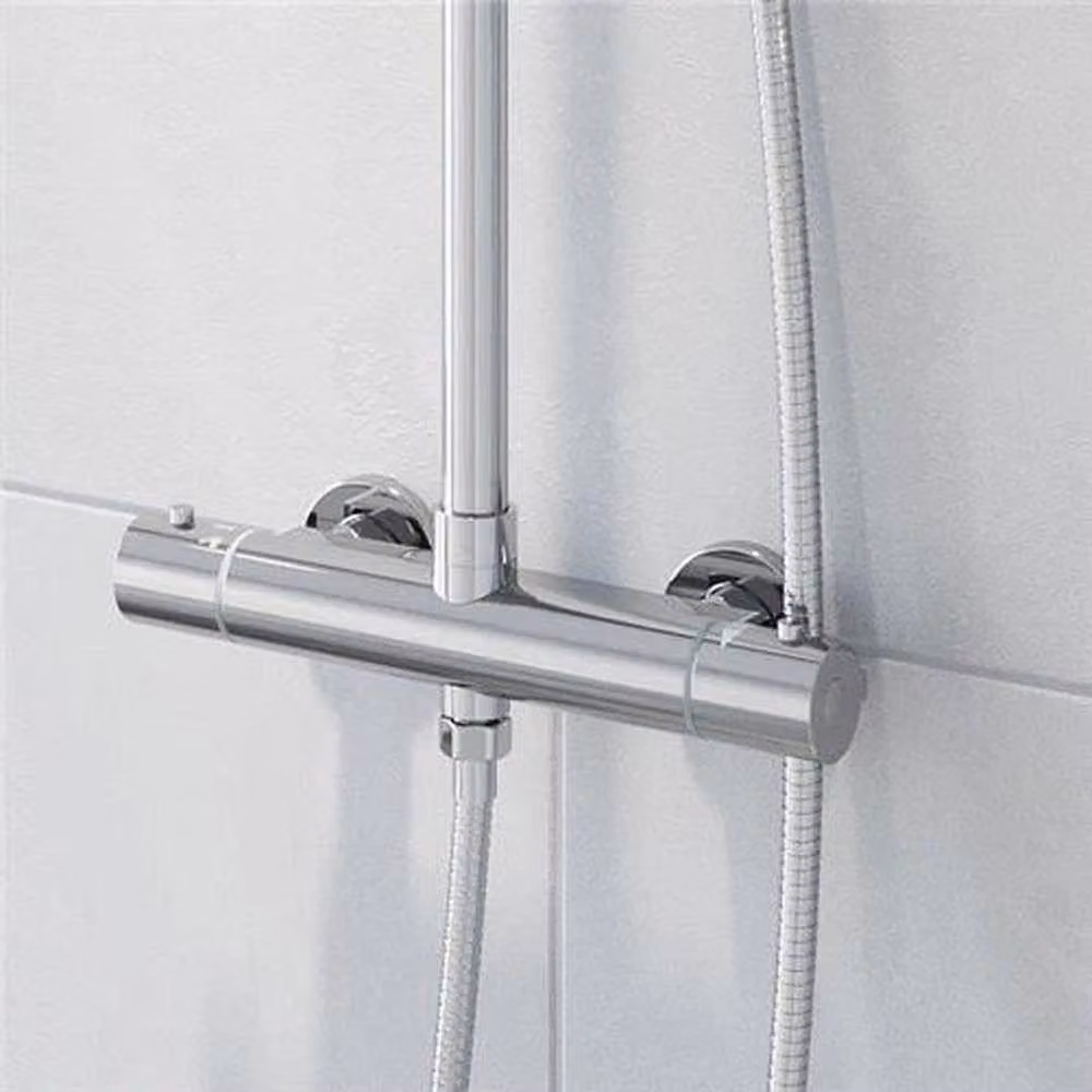 KORVIXA Silver Thermostatic Round Mixer Shower Set with Rain Overhead Shower and Rigid Column – 2